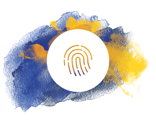 graphic of a fingerprint on a blue and gold watercolor background