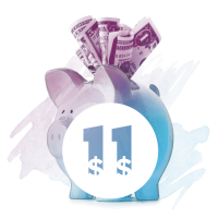 piggy bank with cash sticking out behind a number 11 icon