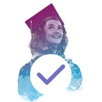 woman wearing graduation hat with check icon